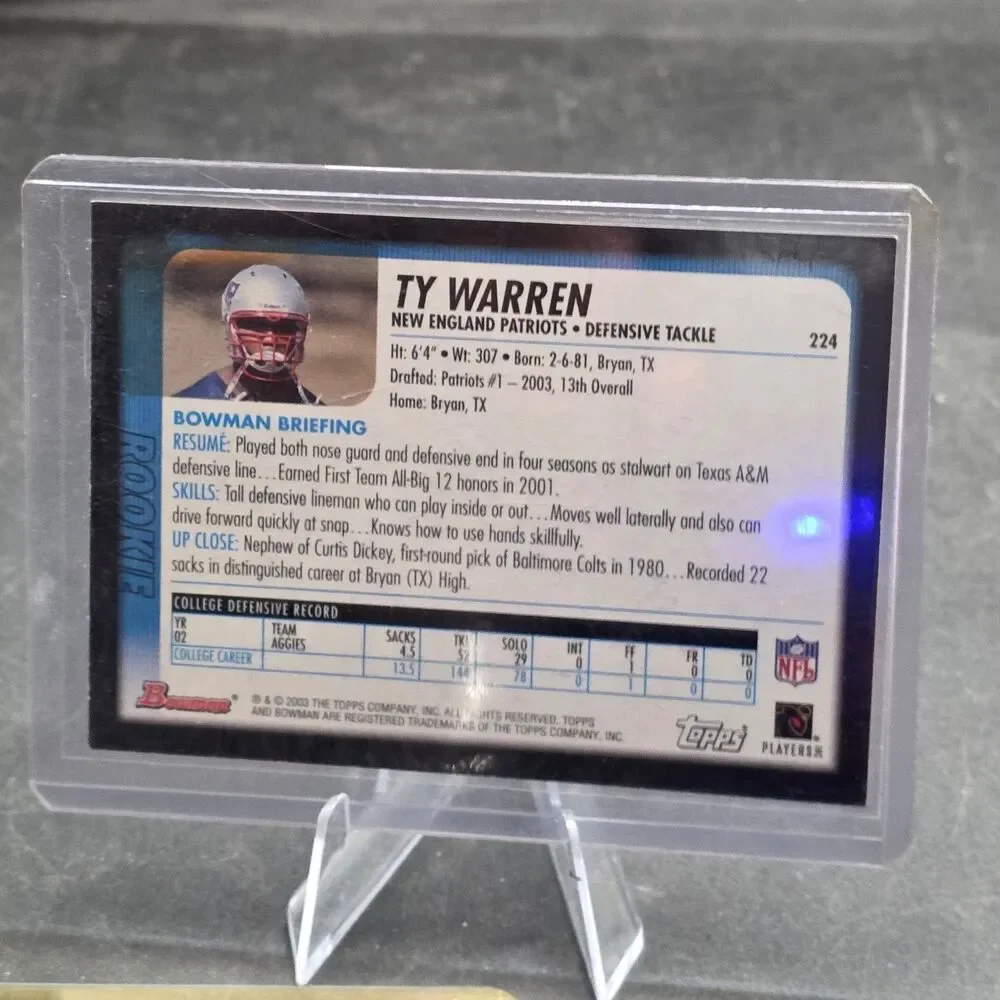 2003 Bowman Gold Ty Warren Rookie RC #224 New England Patriots